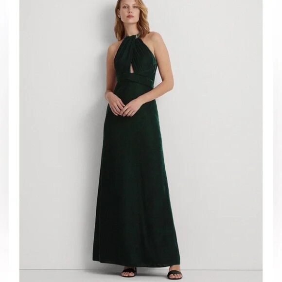 Lauren Ralph Lauren Size 2 Adelbola Green Velvet Beaded Halter Gown Maxi Dress - Picture 6 of 7